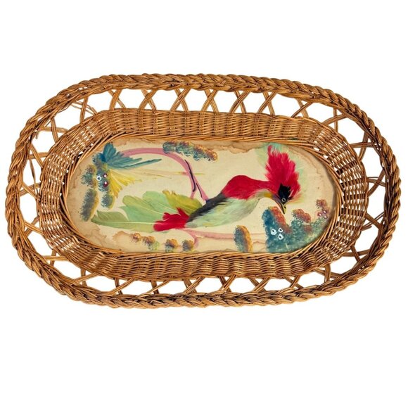 Mexican Tropical Bird Wicker Tray Folk Art Decorative Artisan Hand Painted VTG - Picture 1 of 16